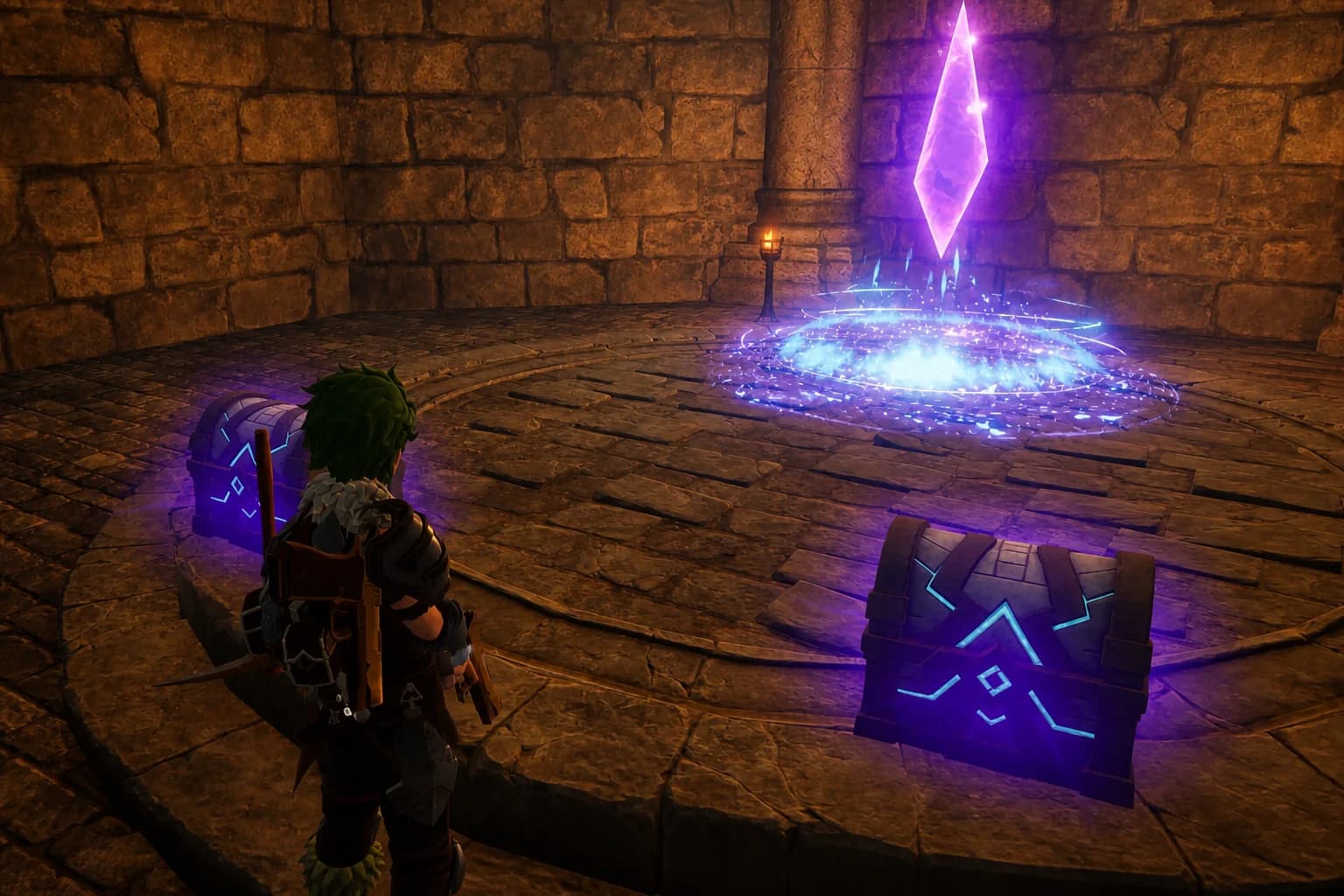 A cleaned dungeon reward room with two chests and an exit crystal
