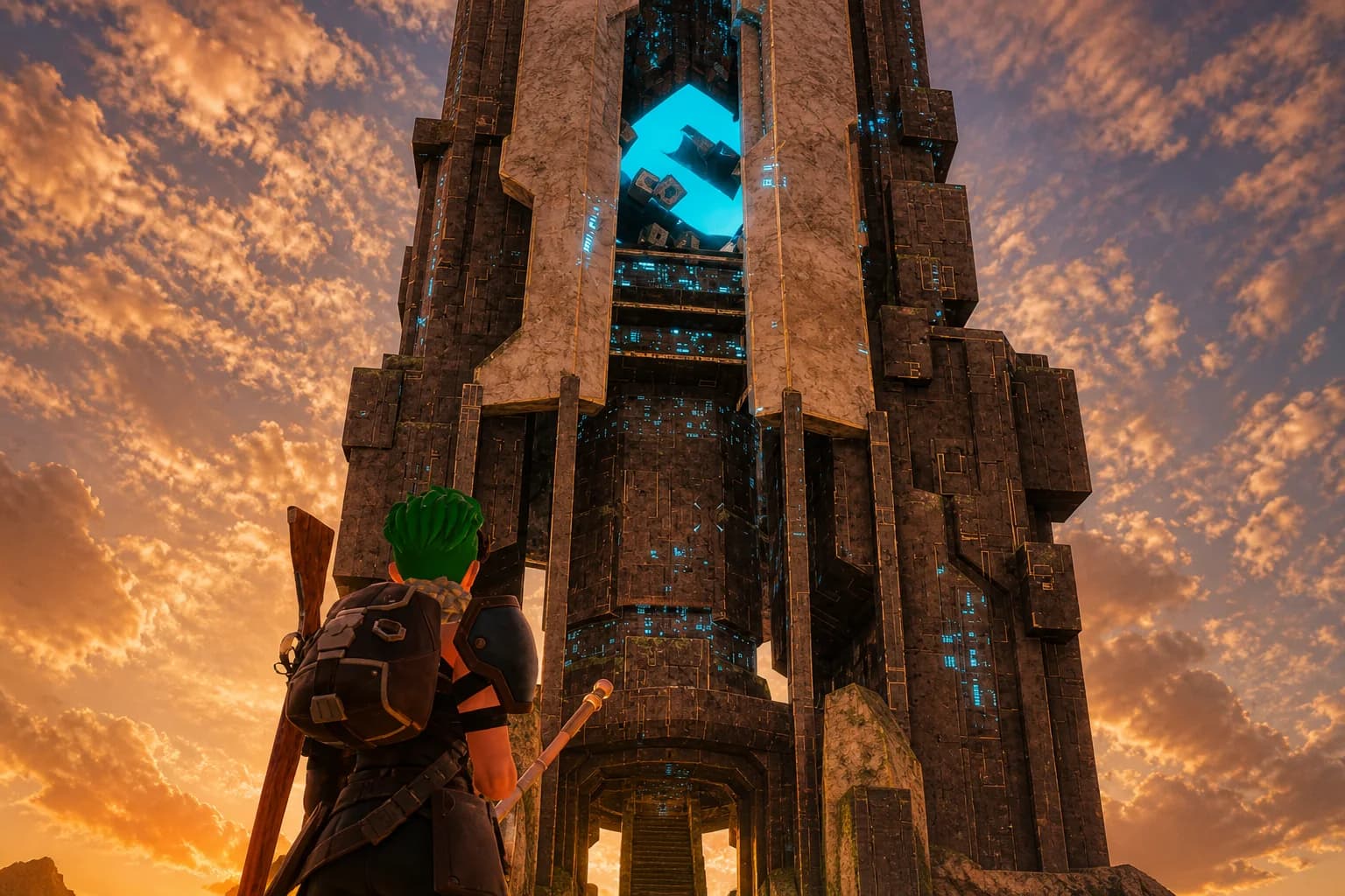 An edited gameplay view of an explorer approaching a Tower Boss entrance
