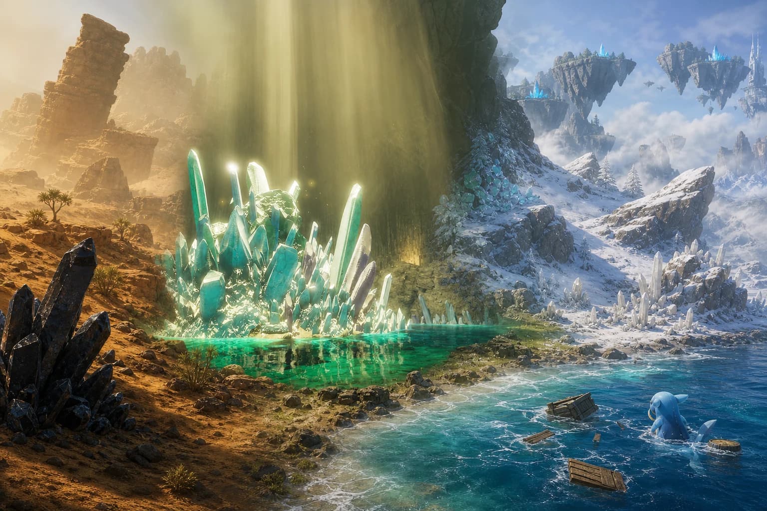 Key Palworld material regions, from snowfields and deserts to floating islands and ocean salvage