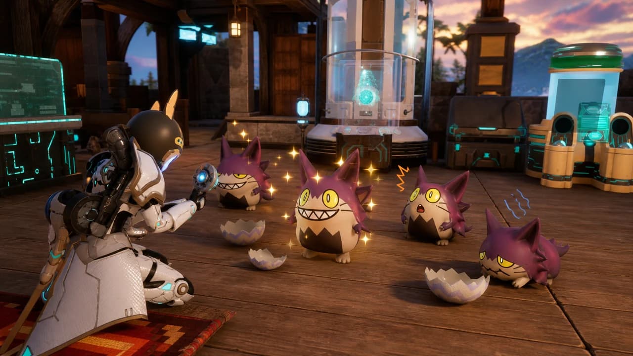 Several newly hatched Pals being compared while the player keeps the best passive and Potential combination